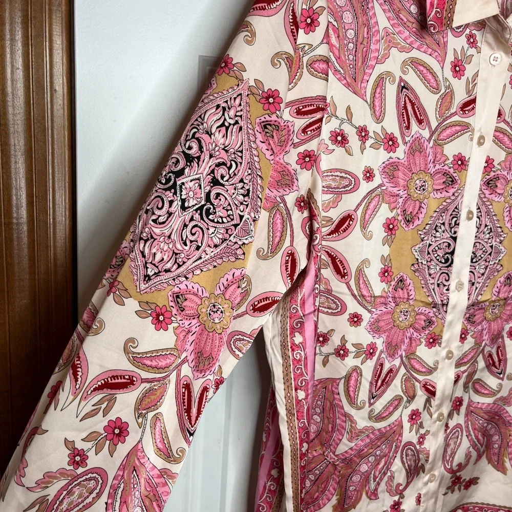 Rachel Zoe Paisley Button Down Blouse Pink Boho Lightweight Medium - Picture 5 of 9